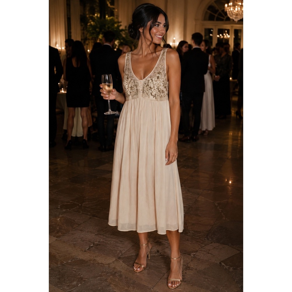 Anthropologie Silk Beaded Empire Waist Dress Champagne Gold Tulle Lace Midi